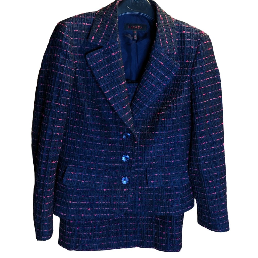 Escada Navy Blue with Decorative Hot Pink Stitching, textured silk blend Suit